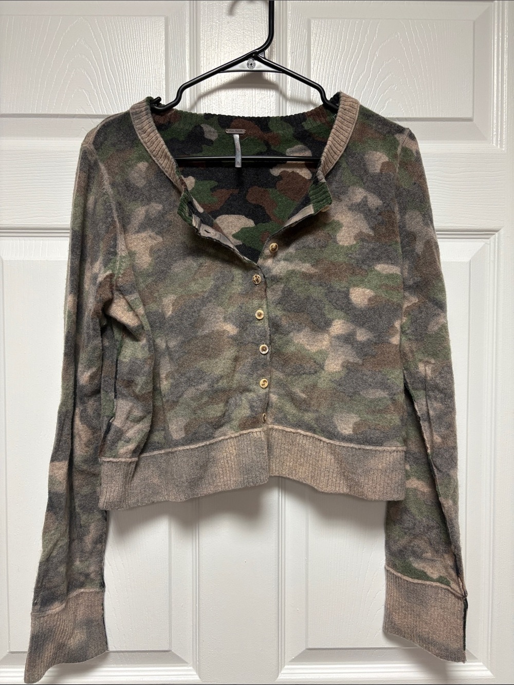 Free People Cropped Nocturnal Patterned Cashmere Camo Cardigan